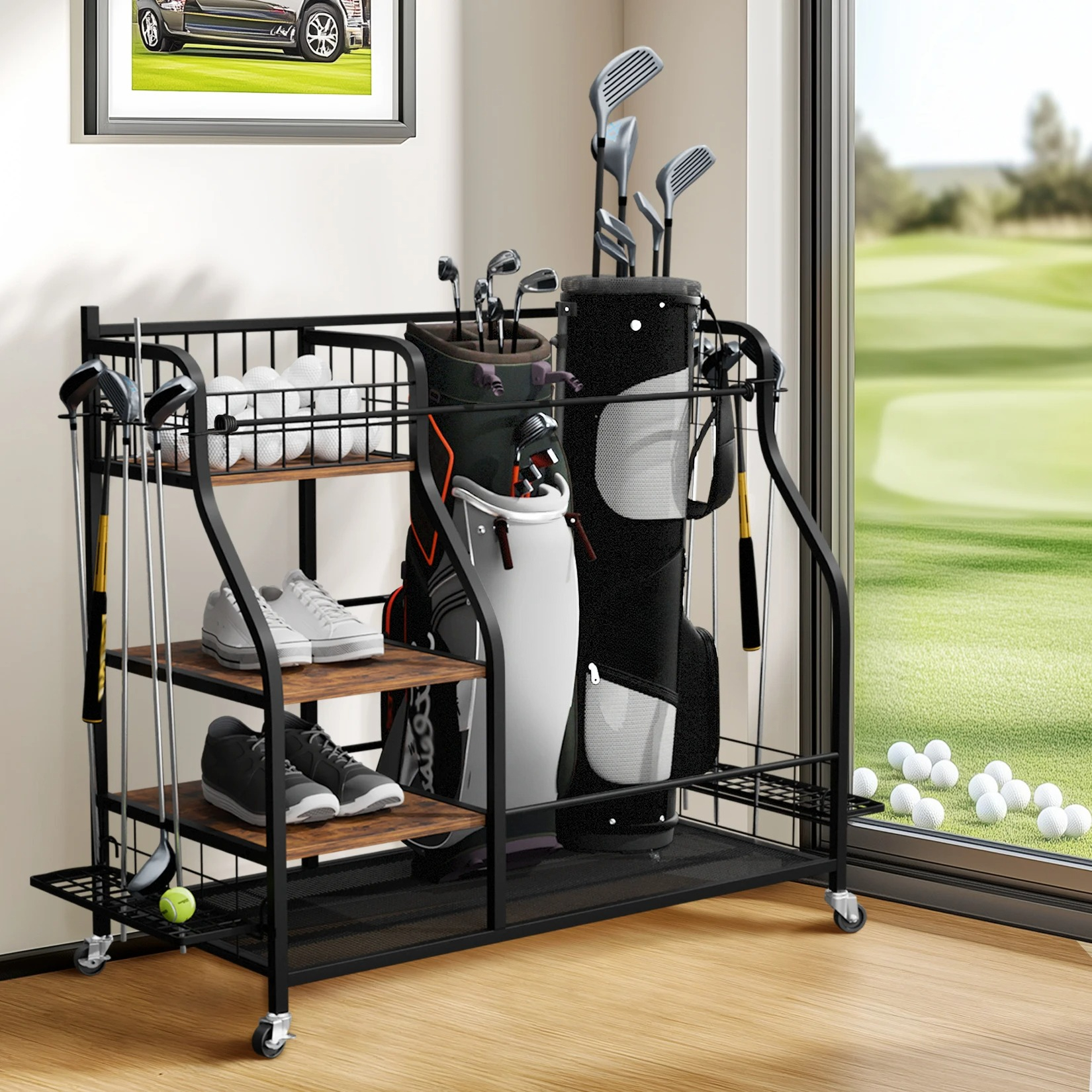 Sports Equipment Rack - Multifunctional Rolling Golf Bags Storage Shelf